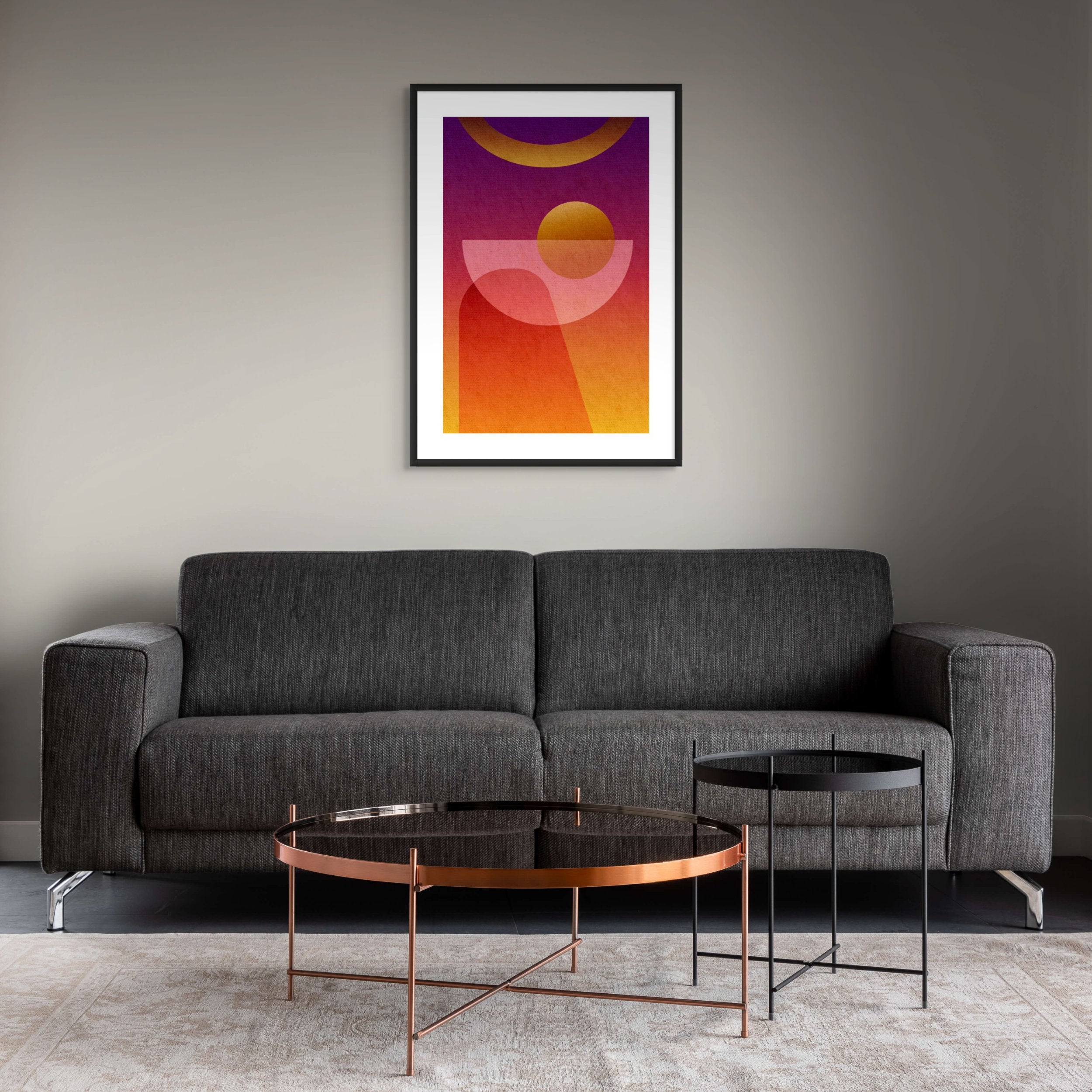 Abstract geometric space-inspired art print with curved forms and a golden planet, titled “Contact”.