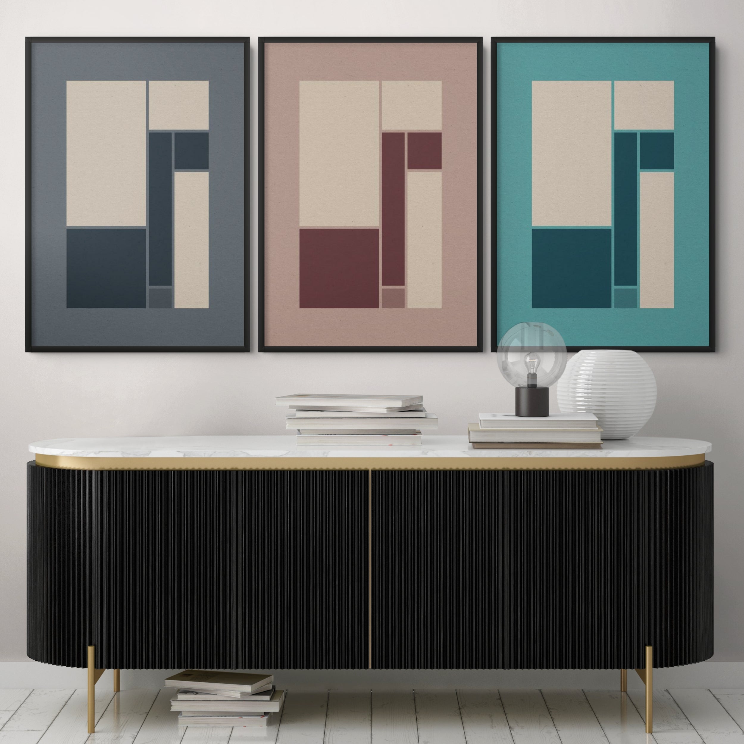 Intervals collection featuring three geometric abstract prints in Midnight, Plaster and Sea Glass colourways