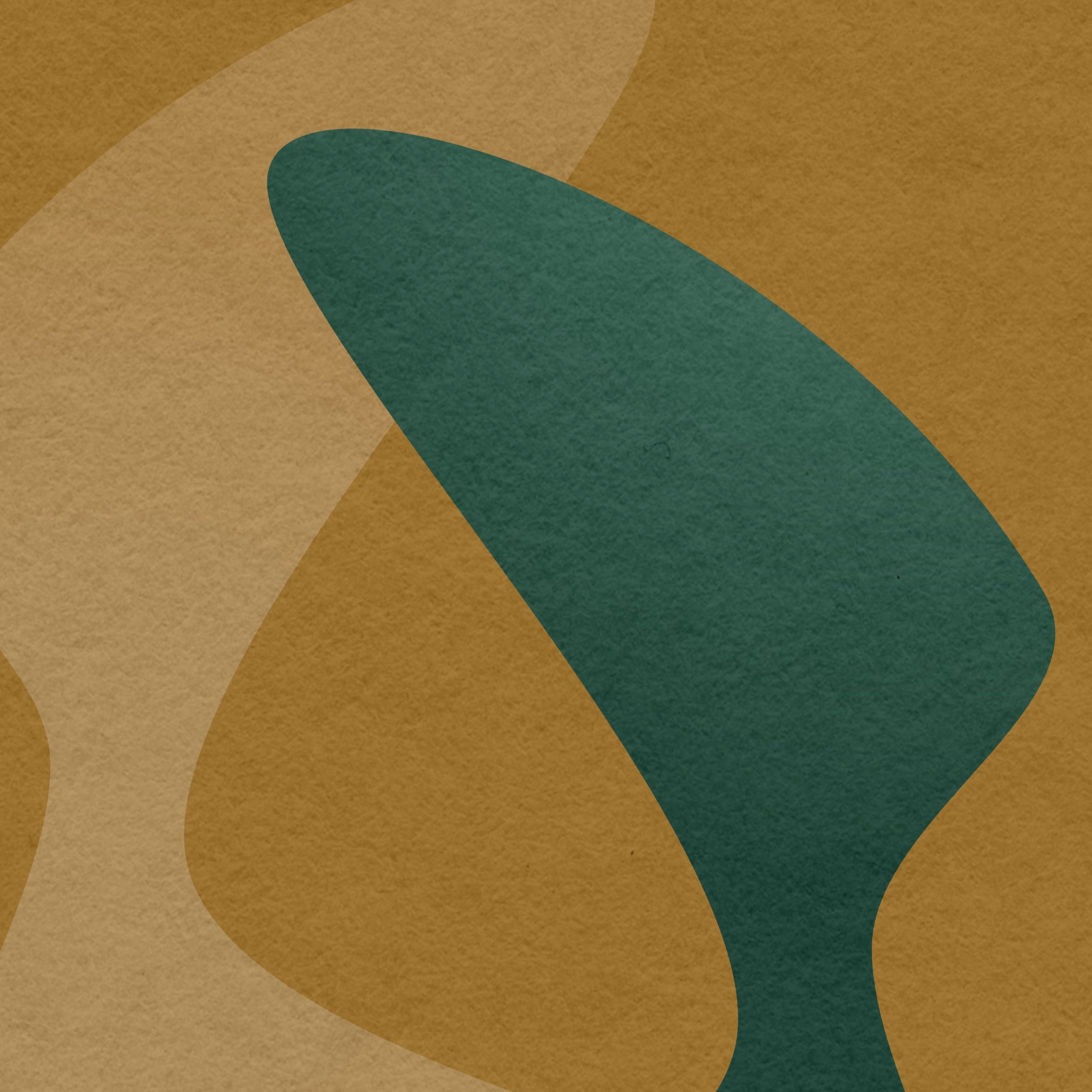 Minimal abstract print with layered organic shapes in mustard and deep teal tones on a textured background