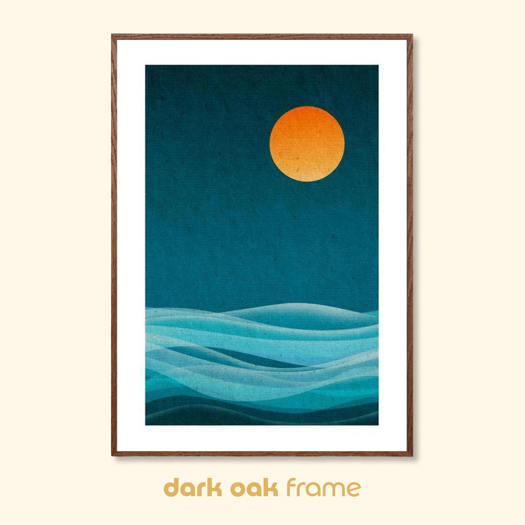 Geometric abstract print titled Cool Drift in a dark oak frame, featuring layered blue wave shapes and a warm circular form on a textured background.