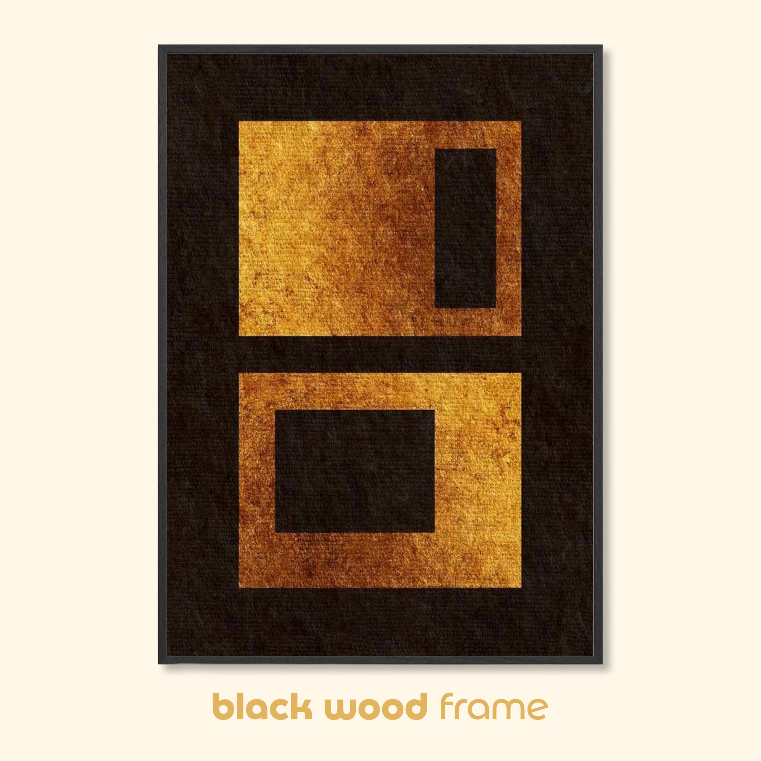 Geometric abstract print titled Settled Forms in a black wood frame, featuring textured gold rectangular forms on a deep black background.