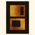 Geometric abstract print titled Settled Forms featuring textured gold rectangular forms on a deep black background.