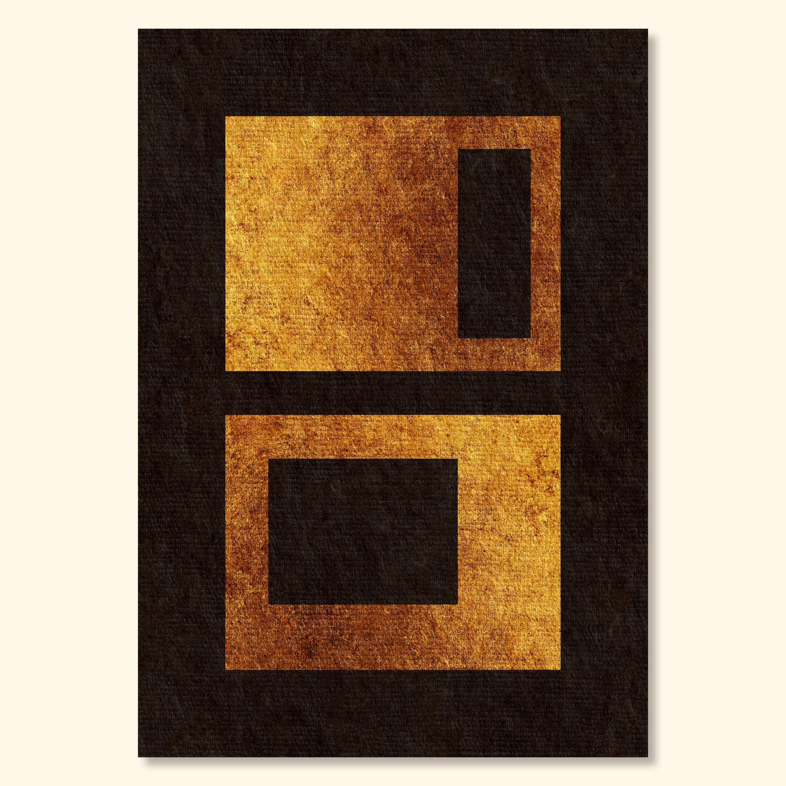 Geometric abstract print titled Settled Forms featuring textured gold rectangular forms on a deep black background.