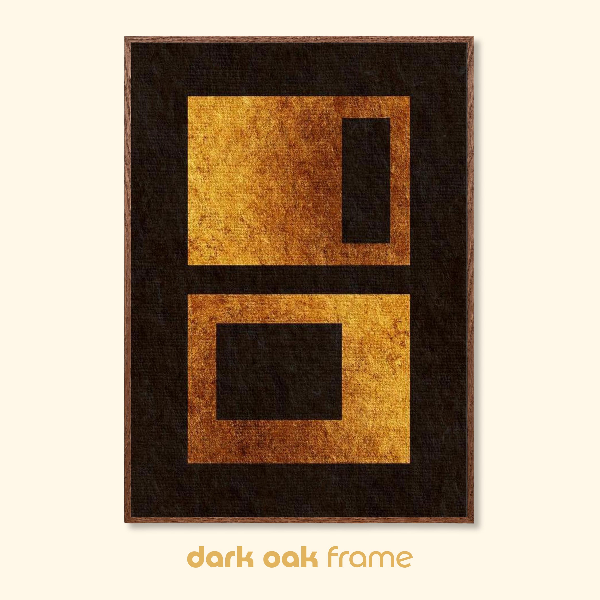 Geometric abstract print titled Settled Forms in a dark oak frame, featuring textured gold rectangular forms on a deep black background.