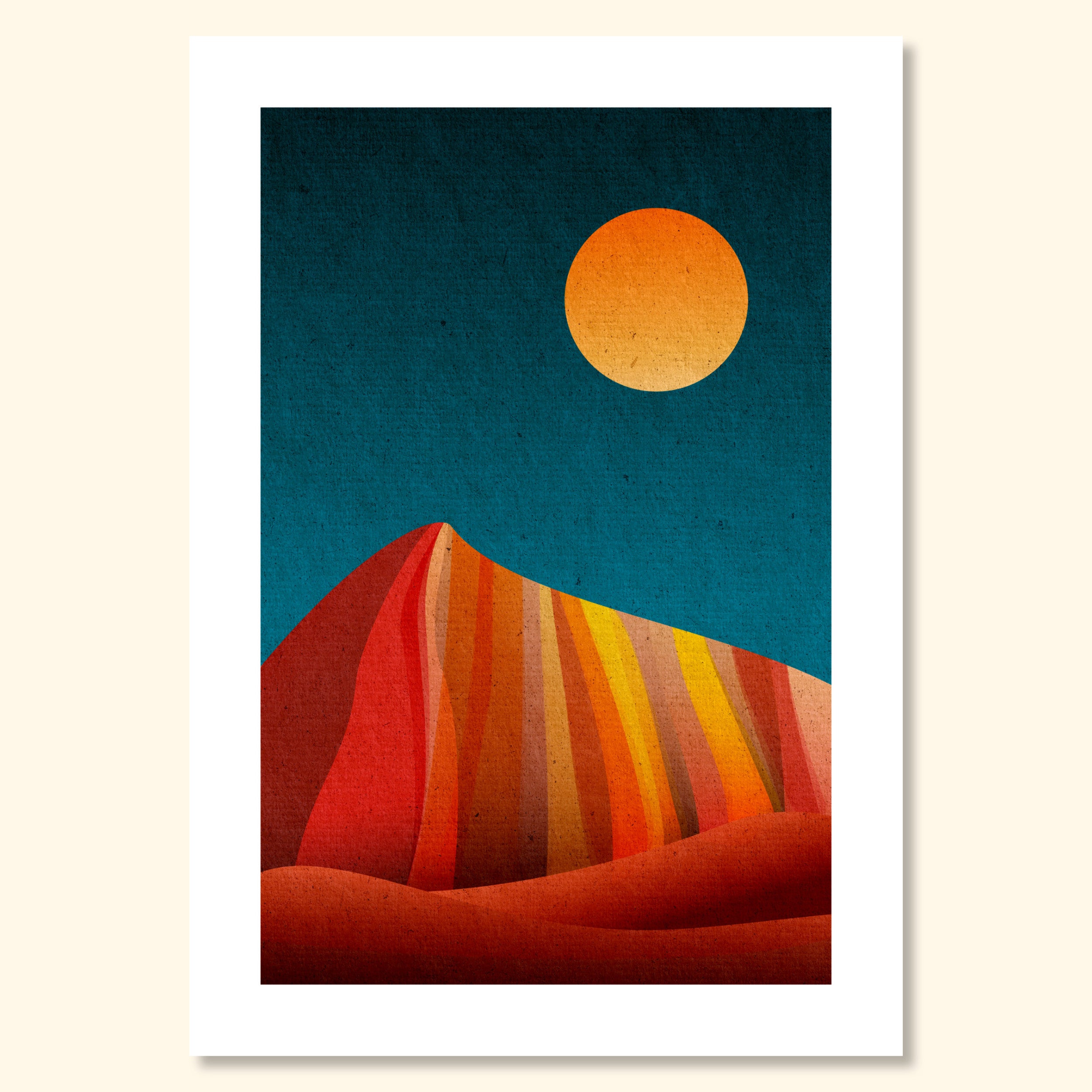 Geometric abstract print titled Warm Silence featuring layered warm-toned shapes forming a mountain-like form beneath a circular sun on a deep blue background.