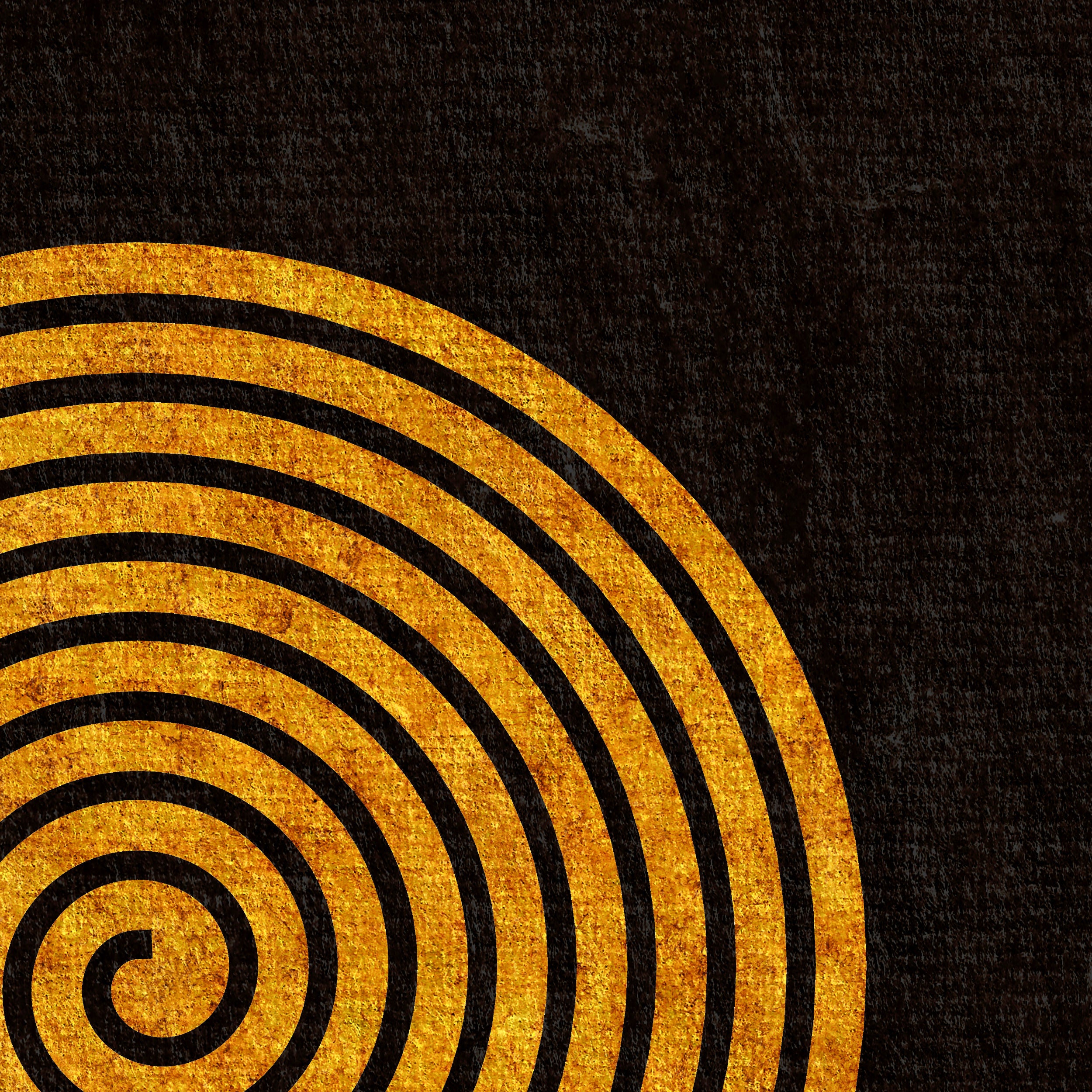Close-up detail of the Quiet Orbit geometric abstract print showing a textured gold spiral against a dark background.