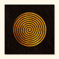 Geometric abstract print titled Quiet Orbit featuring a textured gold spiral on a deep black background.