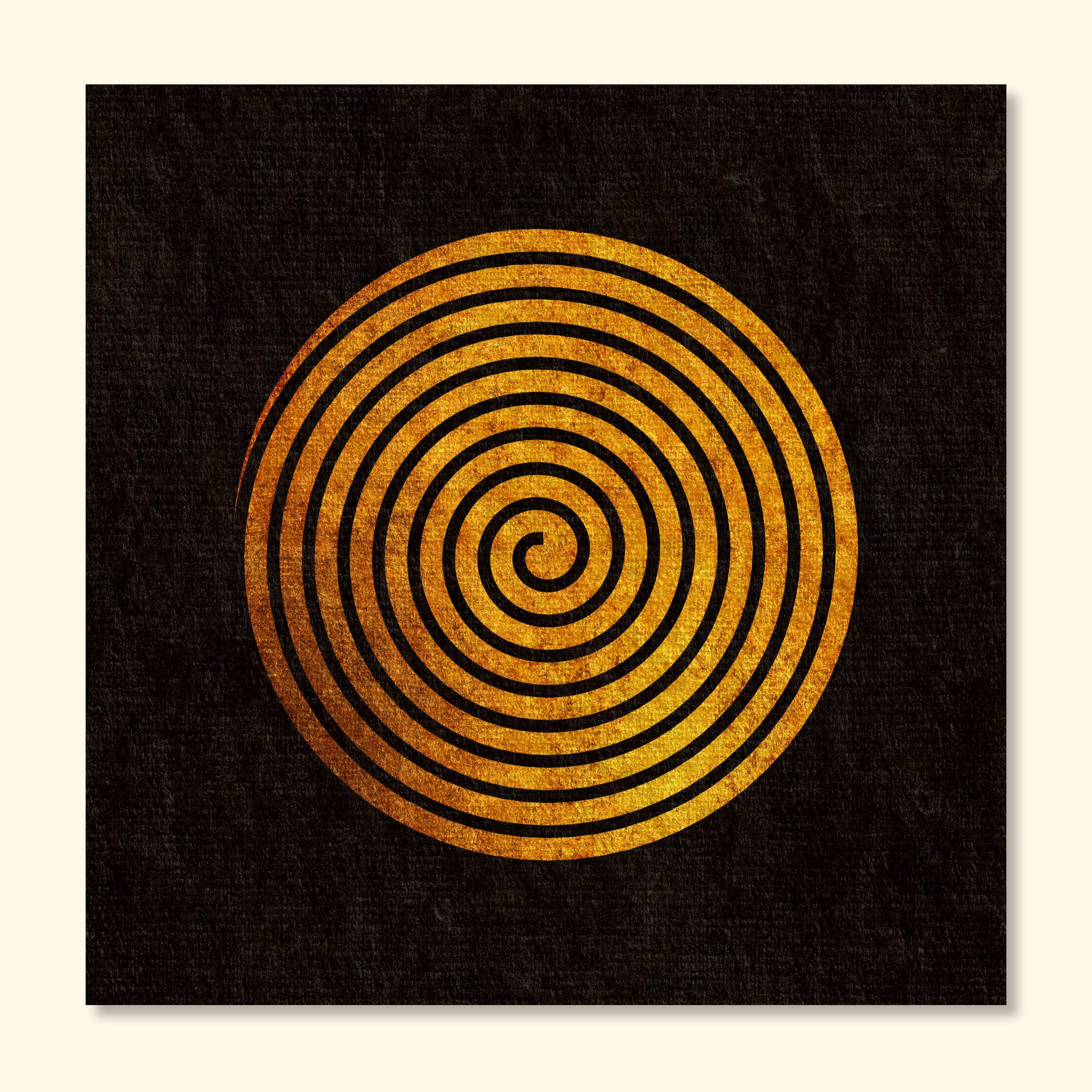 Geometric abstract print titled Quiet Orbit featuring a textured gold spiral on a deep black background.