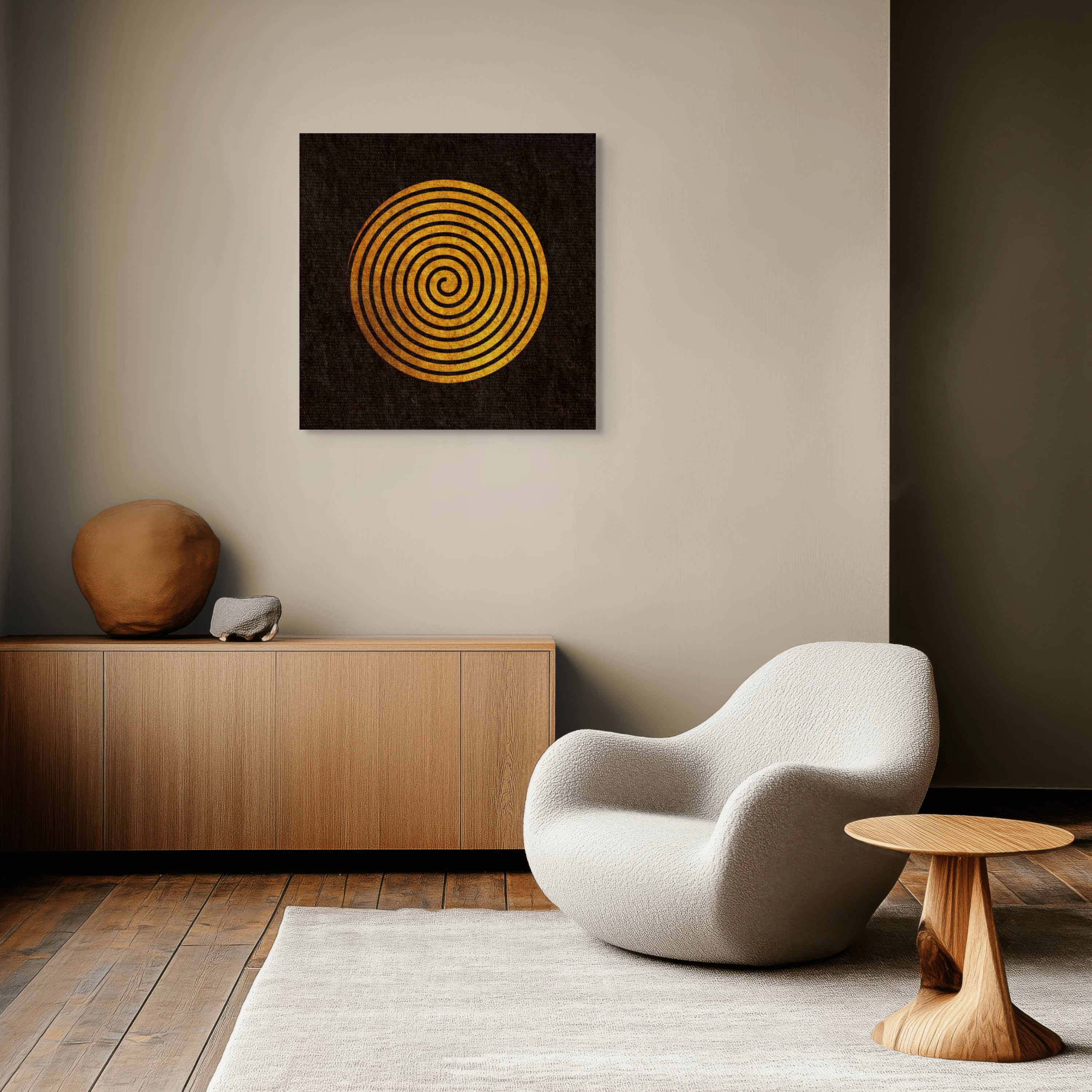 Quiet Orbit geometric abstract print displayed in a calm modern interior, featuring a gold spiral artwork above minimalist furnishings.