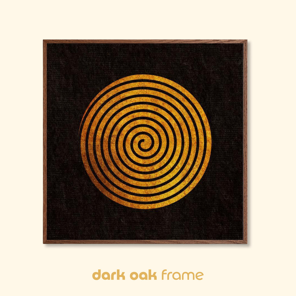 Geometric abstract print titled Quiet Orbit in a dark oak frame, featuring a textured gold spiral on a deep black background.