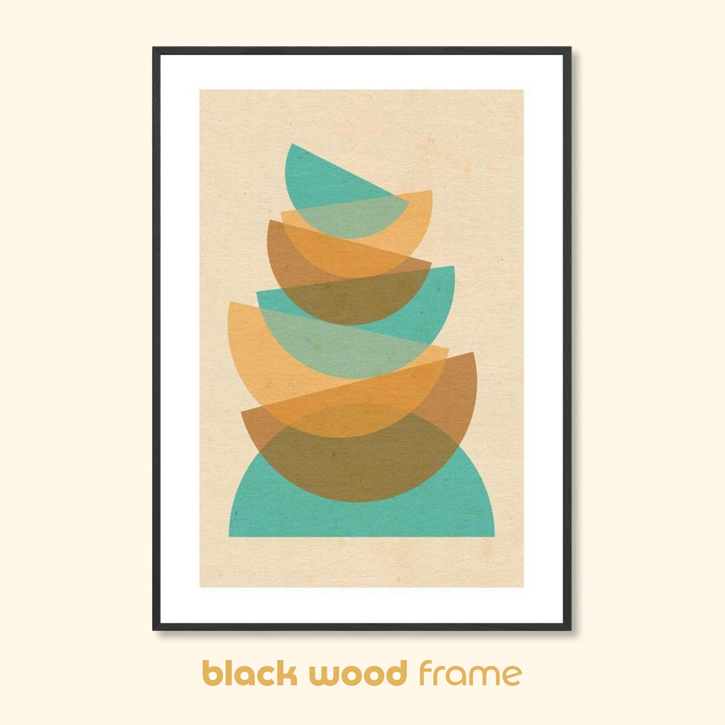 Geometric abstract print titled Balance in a black wood frame, with layered curved forms in green and ochre on a textured off-white background.