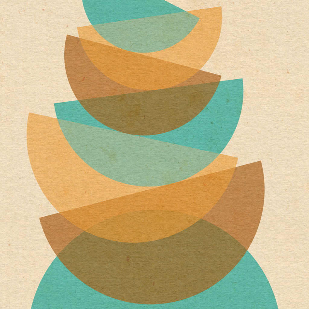 Close-up detail of the Balance geometric abstract print showing overlapping curved shapes in muted green and warm ochre tones with vintage textured paper effects.