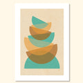 Geometric abstract print with layered curved shapes in muted green and warm ochre on a textured off-white background.