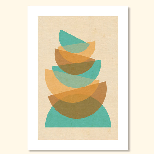 Geometric abstract print with layered curved shapes in muted green and warm ochre on a textured off-white background.