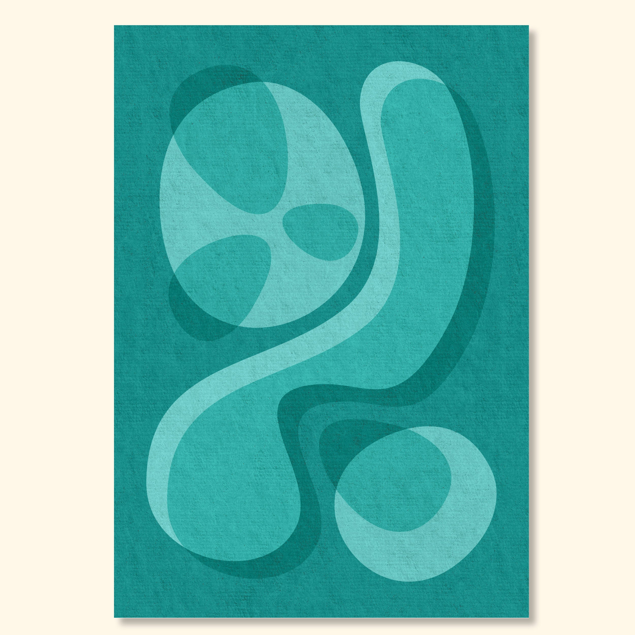 Abstract mid-century style art print with flowing organic shapes in teal tones on a textured vintage paper background.