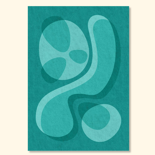 Abstract mid-century style art print with flowing organic shapes in teal tones on a textured vintage paper background.