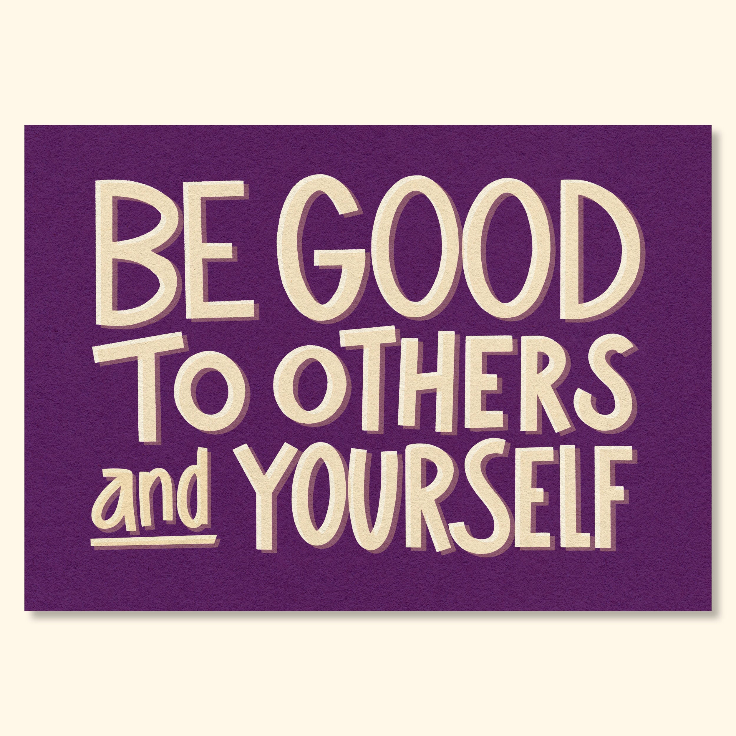 Be Good to Yourself mid-century typographic wall art featuring cream lettering on a rich purple textured background
