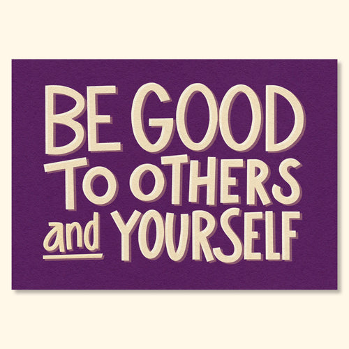 Be Good to Yourself mid-century typographic wall art featuring cream lettering on a rich purple textured background