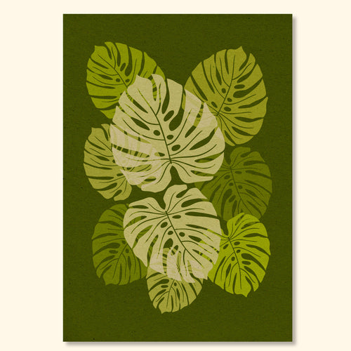 Mid-century botanical wall art titled Canopy featuring layered green monstera leaves and a vintage paper texture