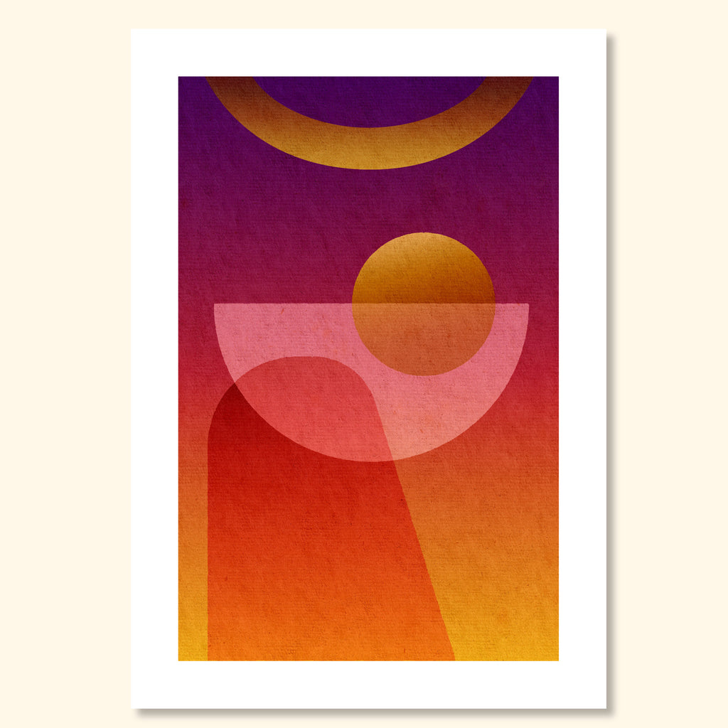 Abstract geometric space-inspired art print with curved forms and a golden planet, titled “Contact”.