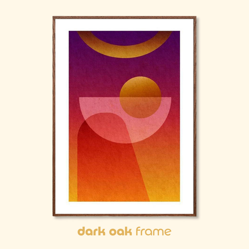 Abstract geometric space-inspired art print titled “Contact” in a dark oak wood frame, featuring warm gradient colours and curved forms.