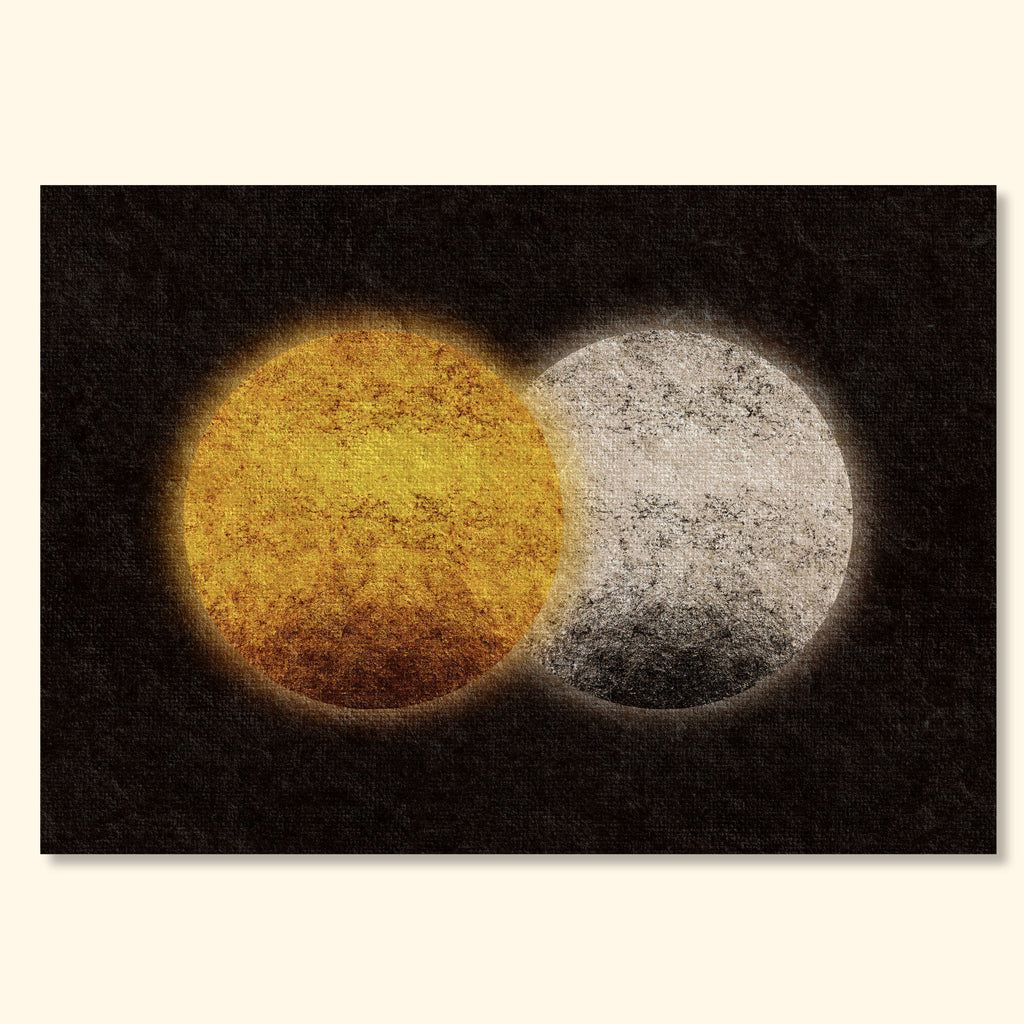 Minimal abstract artwork showing the sun and moon overlapping as textured golden and light grey circles on a deep dark background.
