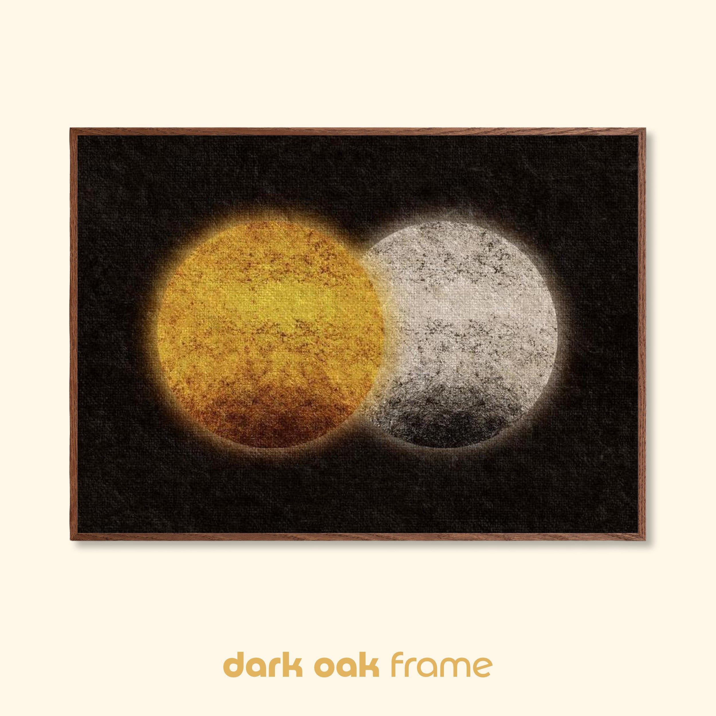 Abstract celestial print depicting a golden sun and pale moon overlapping against a dark background, shown in a dark oak wooden frame.
