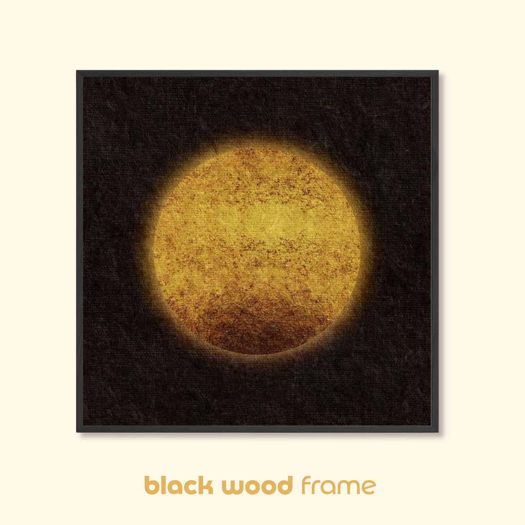 Sun-inspired abstract art print with a vintage textured golden circle, displayed in a black wood frame against a light background.
