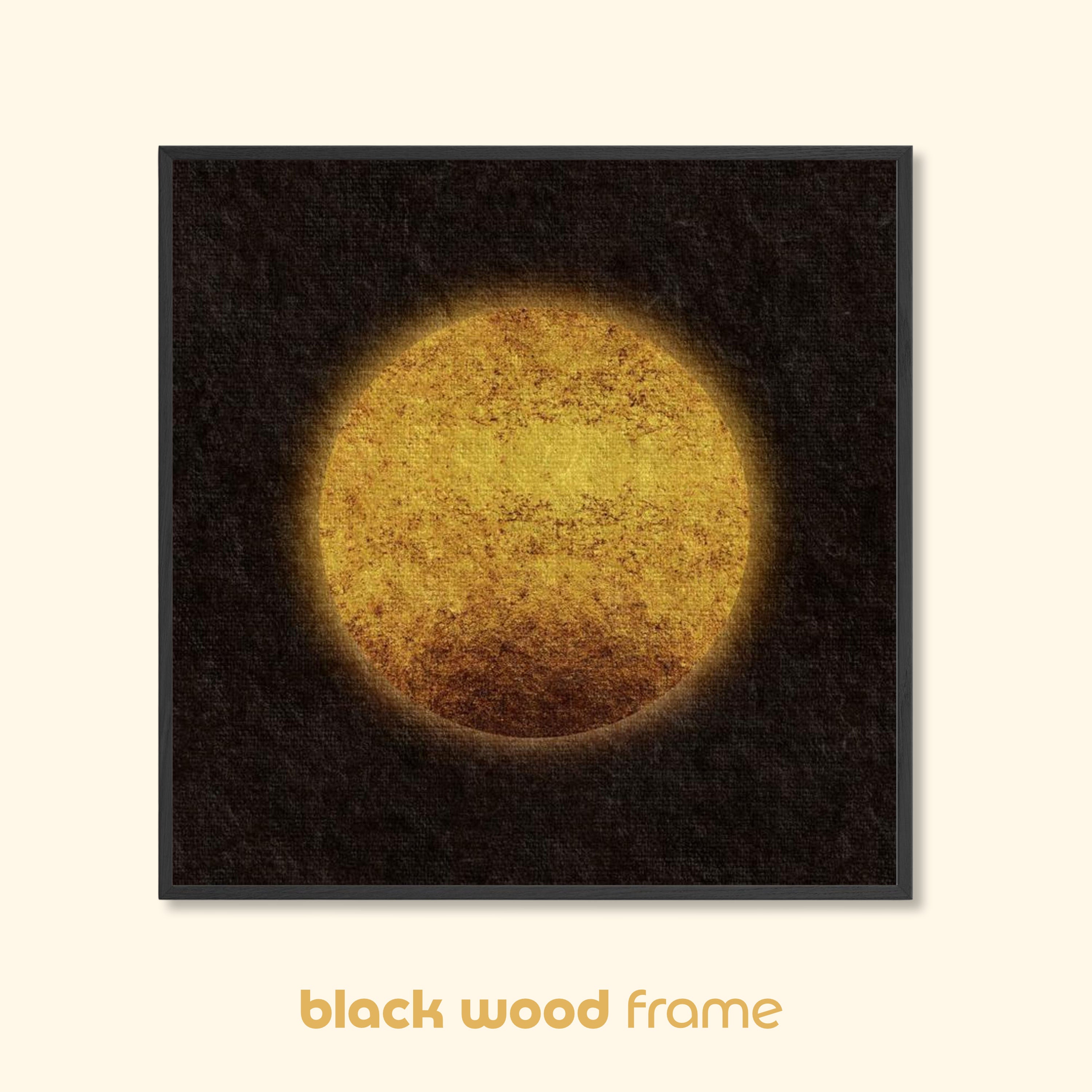 Sun-inspired abstract art print with a vintage textured golden circle, displayed in a black wood frame against a light background.
