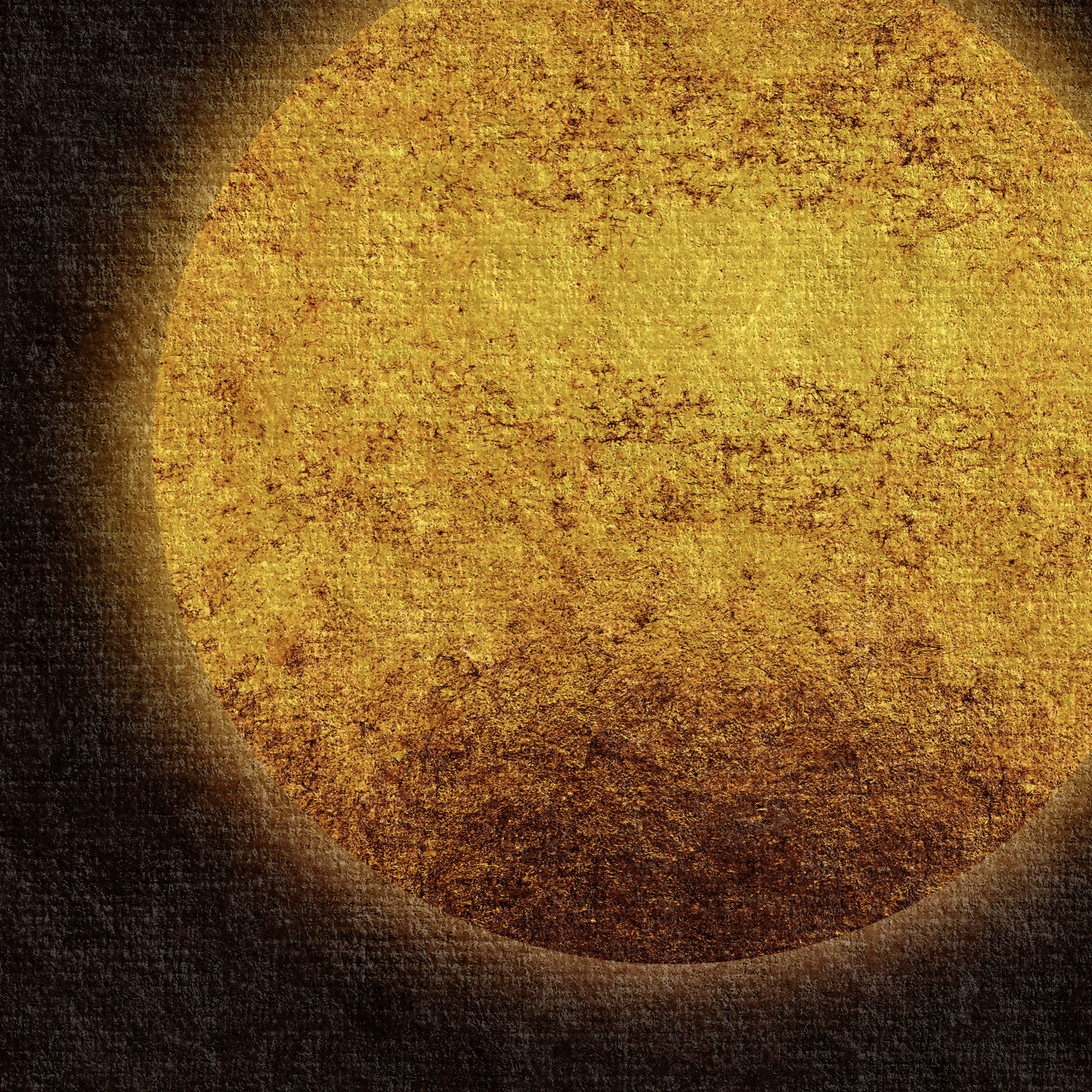 Close-up detail of a sun-inspired abstract art print showing a warm golden circular form with vintage textured surface on a dark background.