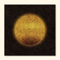 Minimal abstract sun-inspired art print featuring a warm golden circle with a vintage textured surface, softly glowing against a dark background.