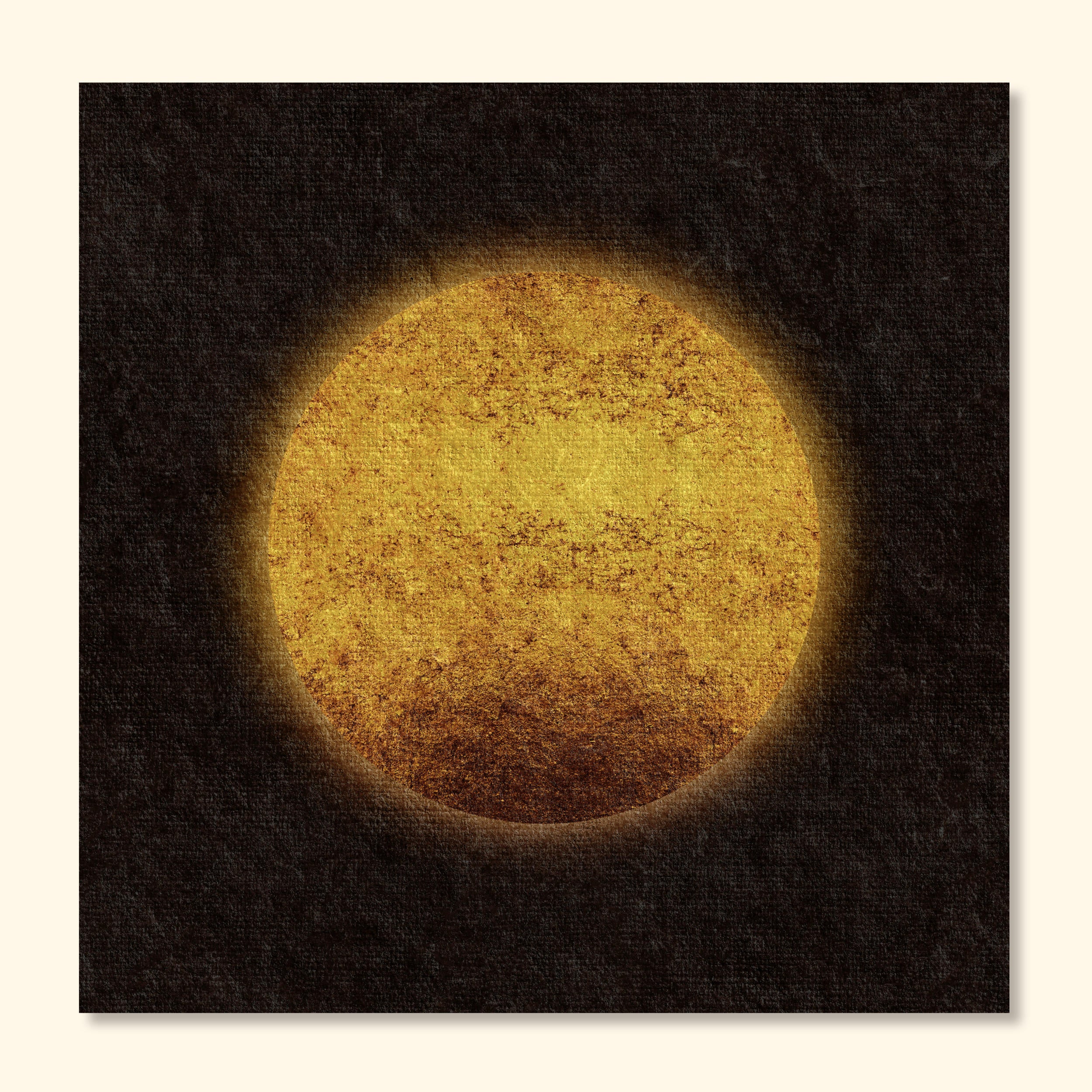 Minimal abstract sun-inspired art print featuring a warm golden circle with a vintage textured surface, softly glowing against a dark background.
