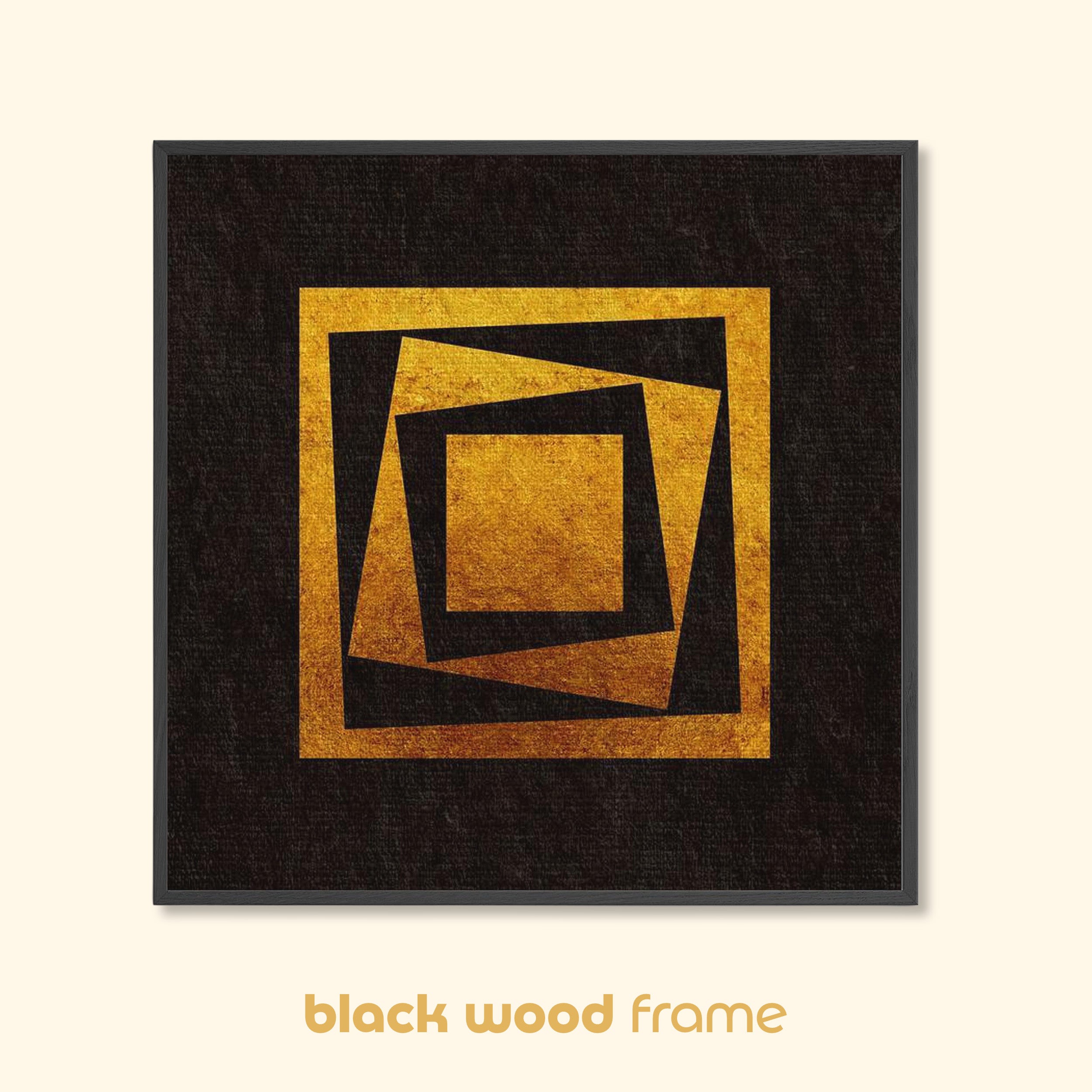 Geometric abstract print titled Inner Imbalance in a black wood frame, showing layered gold square shapes with slight offset on a dark background.