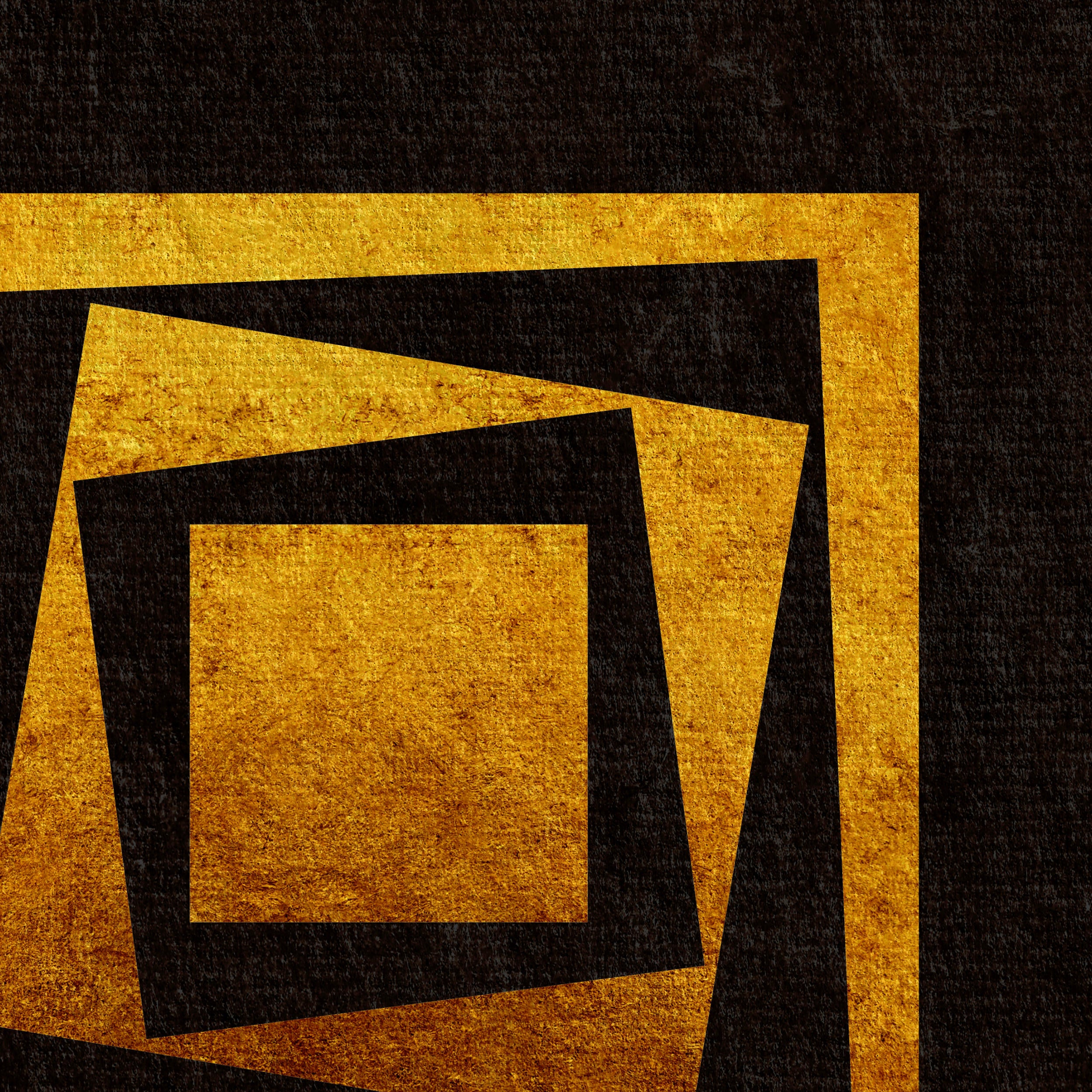 Close-up detail of the Inner Imbalance geometric abstract print showing textured gold square forms and layered edges against a dark background.