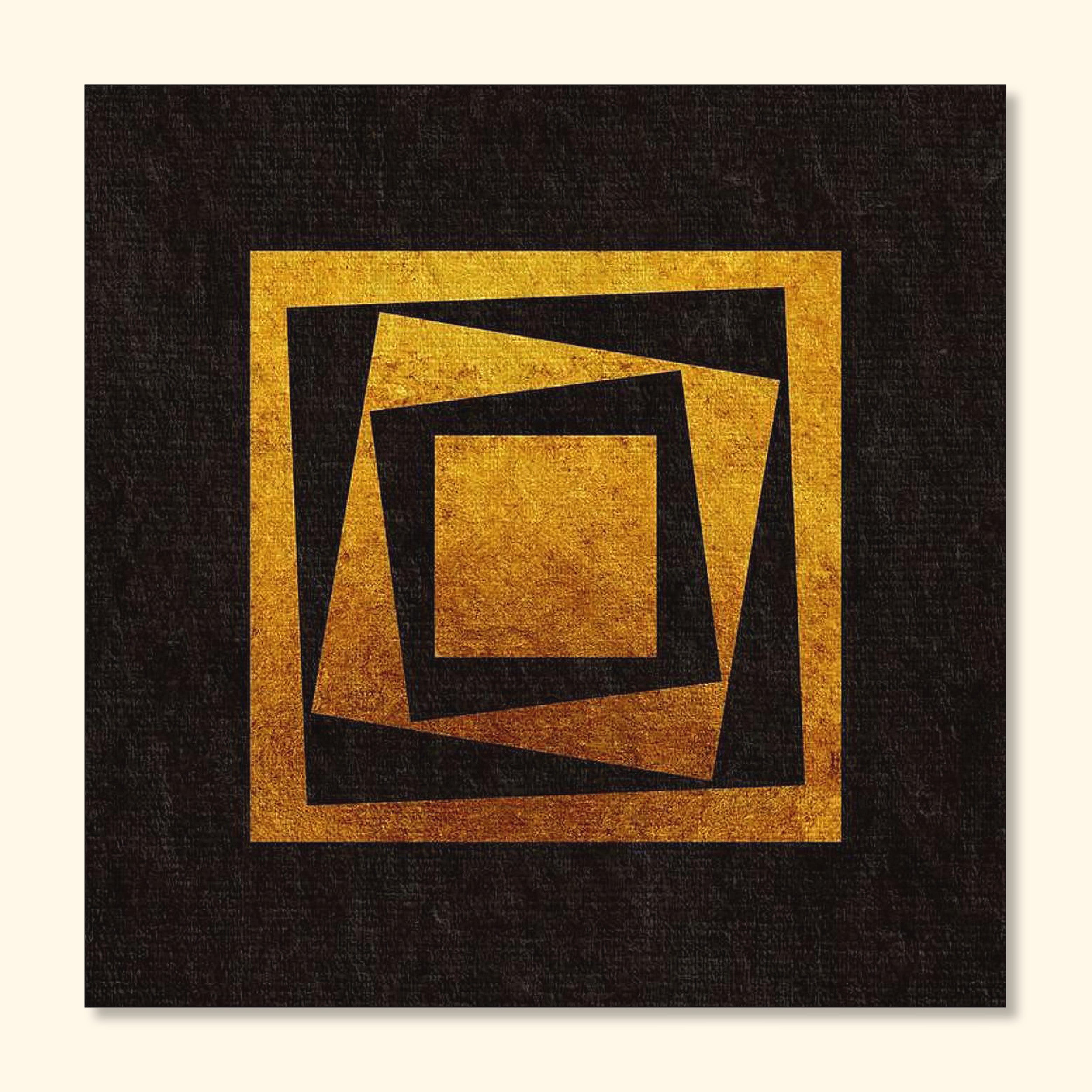 Geometric abstract print titled Inner Imbalance featuring layered gold square forms arranged with a subtle offset on a deep black textured background.