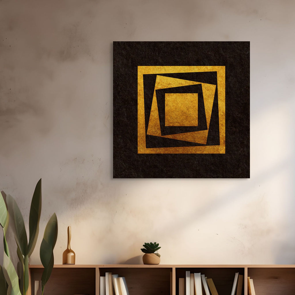 Inner Imbalance geometric abstract print displayed in a calm modern interior, featuring layered gold square forms above a low wooden shelf.