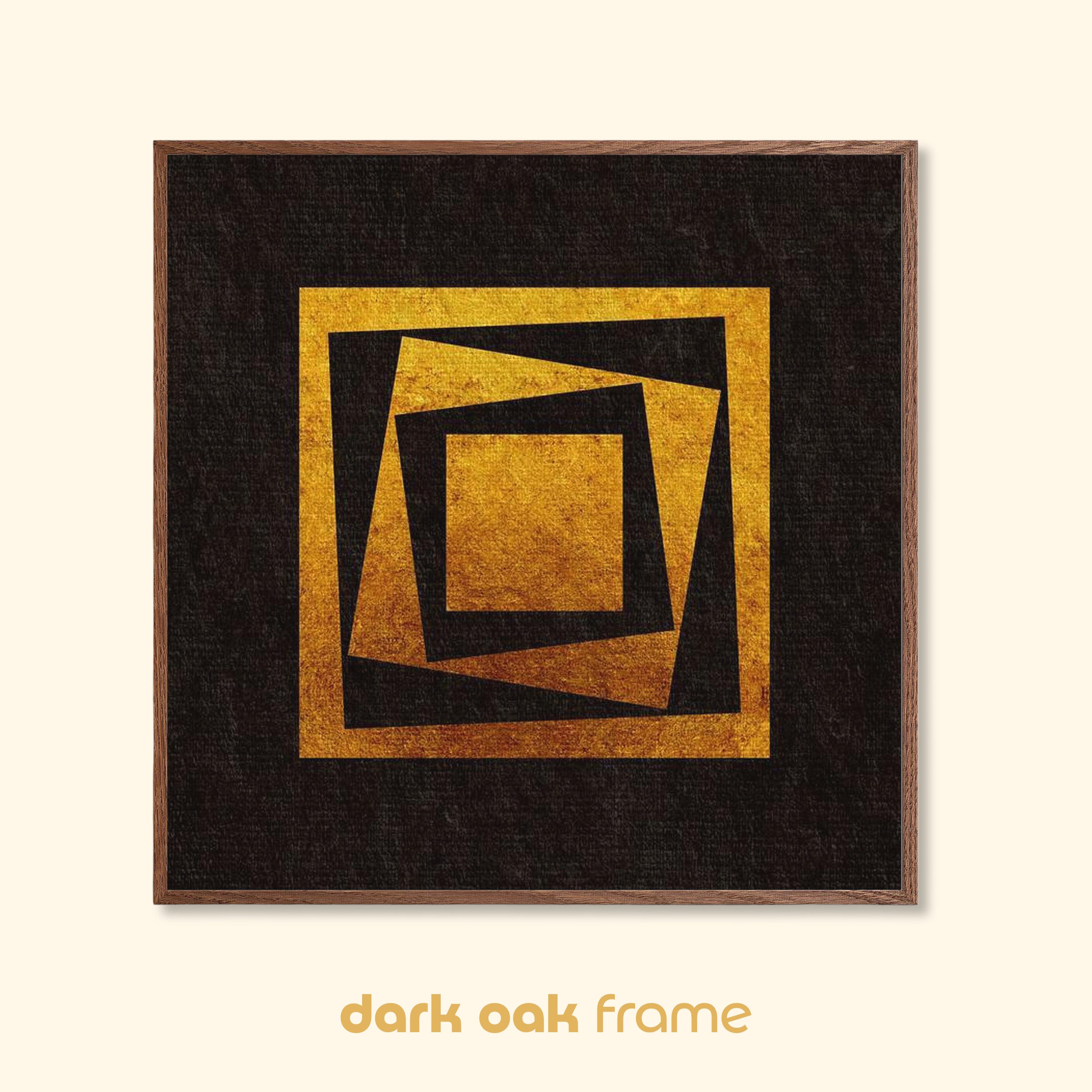 Geometric abstract print titled Inner Imbalance in a dark oak frame, featuring layered gold square forms on a deep black textured background.
