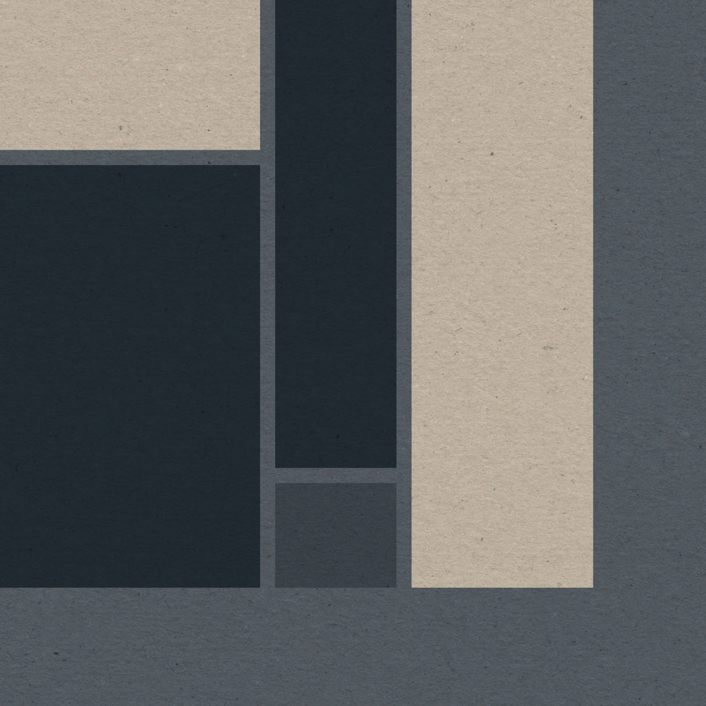 Detail of geometric print showing textured paper surface and deep midnight blue rectangular forms.