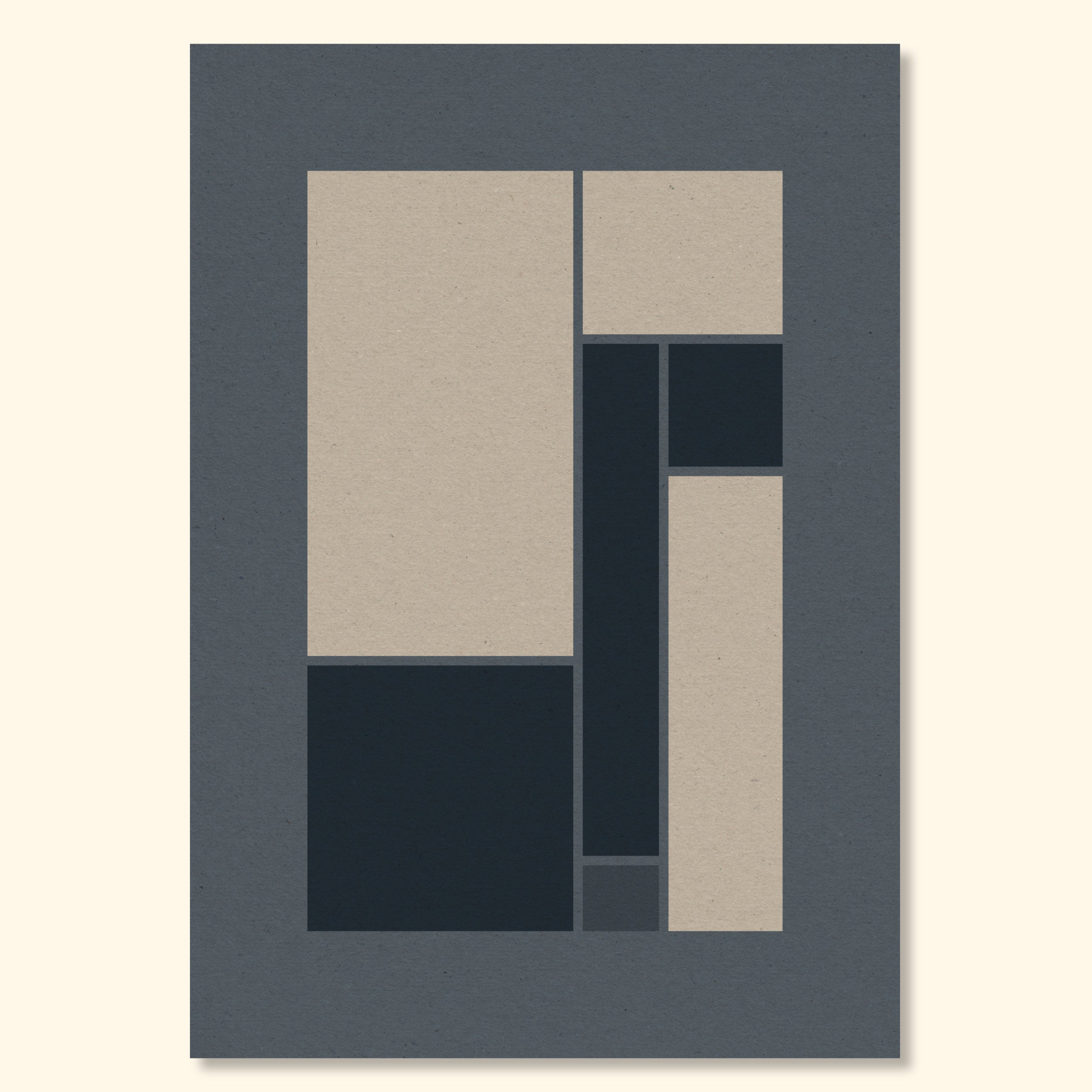 Minimal geometric print featuring cream and deep midnight blue rectangular forms arranged on a slate grey background.