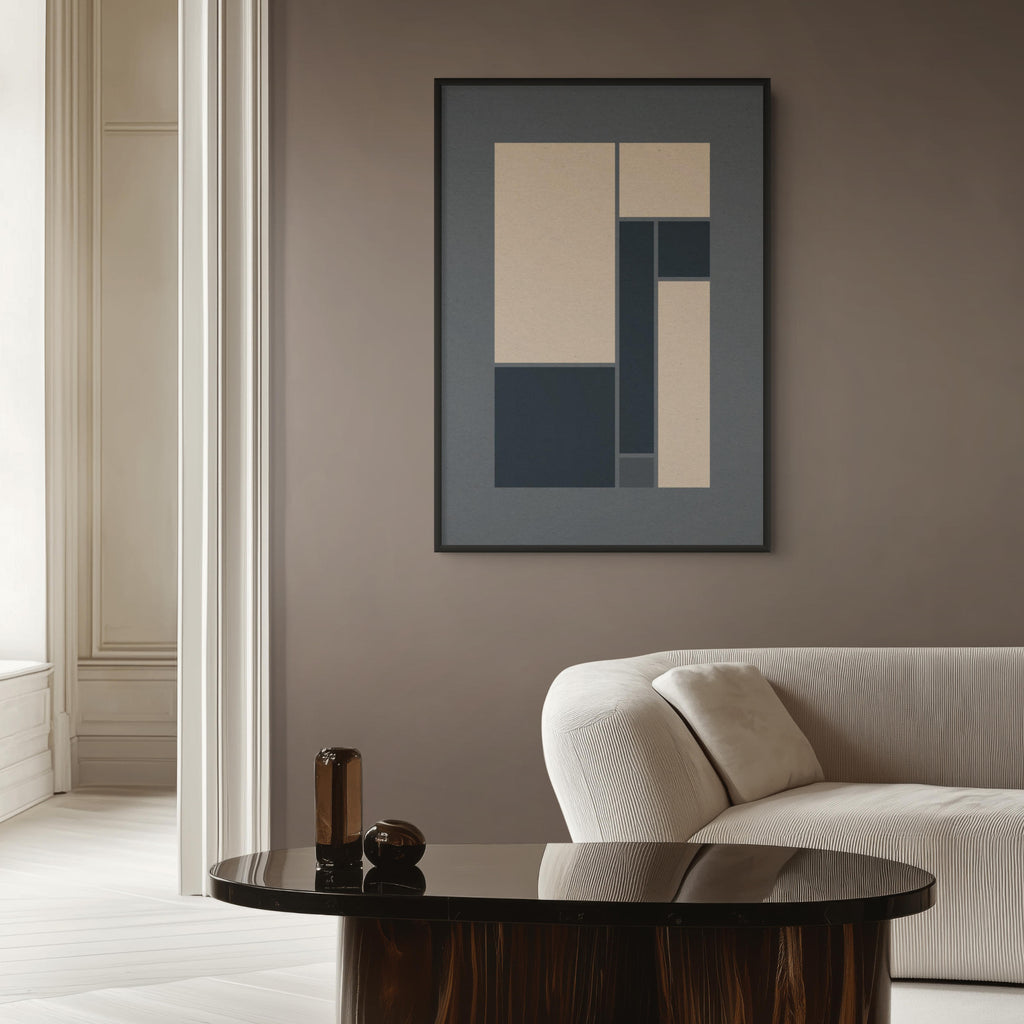 Midnight geometric print displayed in a contemporary interior with neutral furnishings.