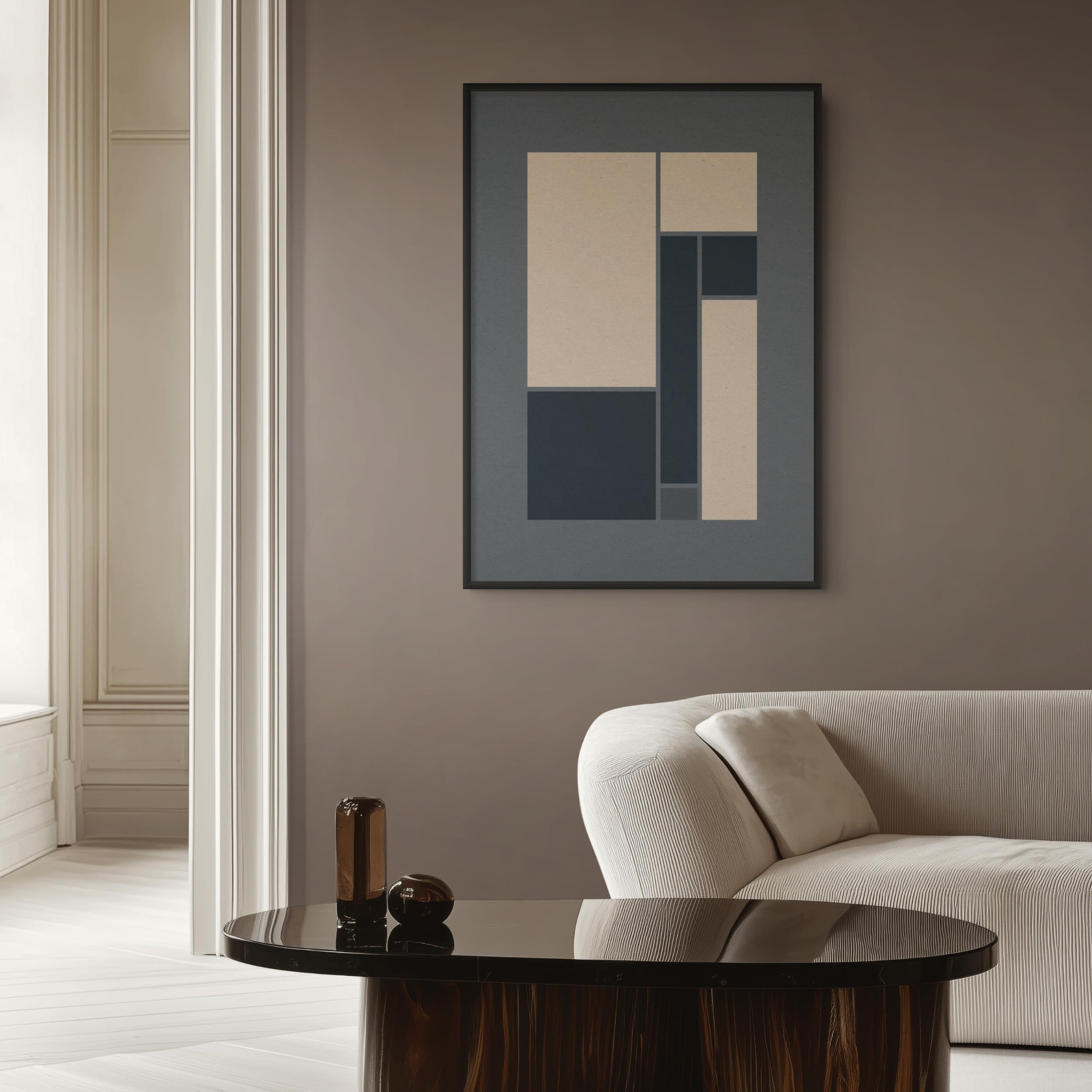 Midnight geometric print displayed in a contemporary interior with neutral furnishings.