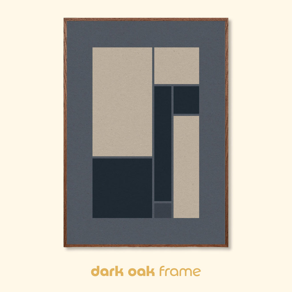 Midnight geometric print shown in a dark oak wood frame.
