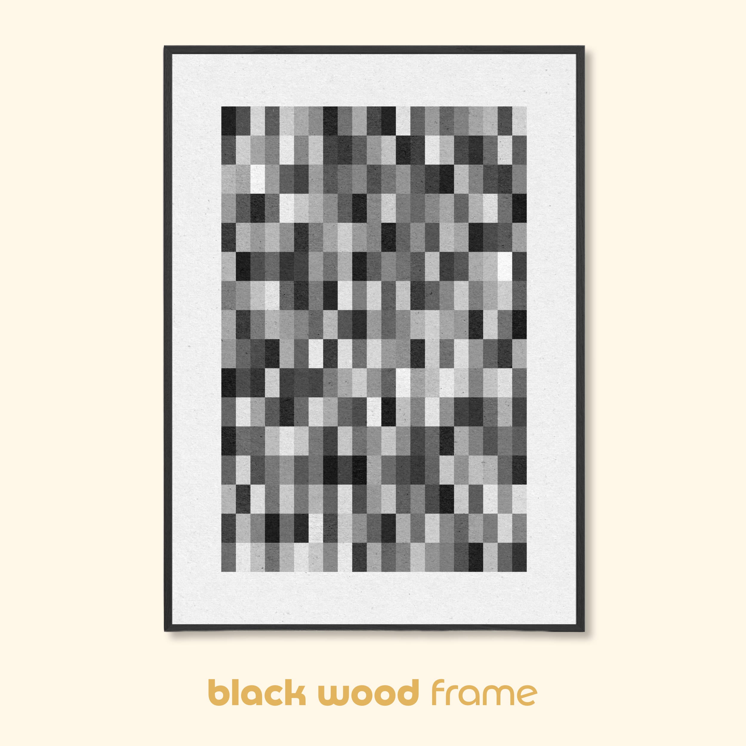 Framed monochrome geometric abstract print in black wood frame displayed against neutral background.