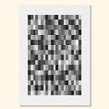Minimalist monochrome abstract print with geometric black white and grey blocks on subtle printed paper texture.