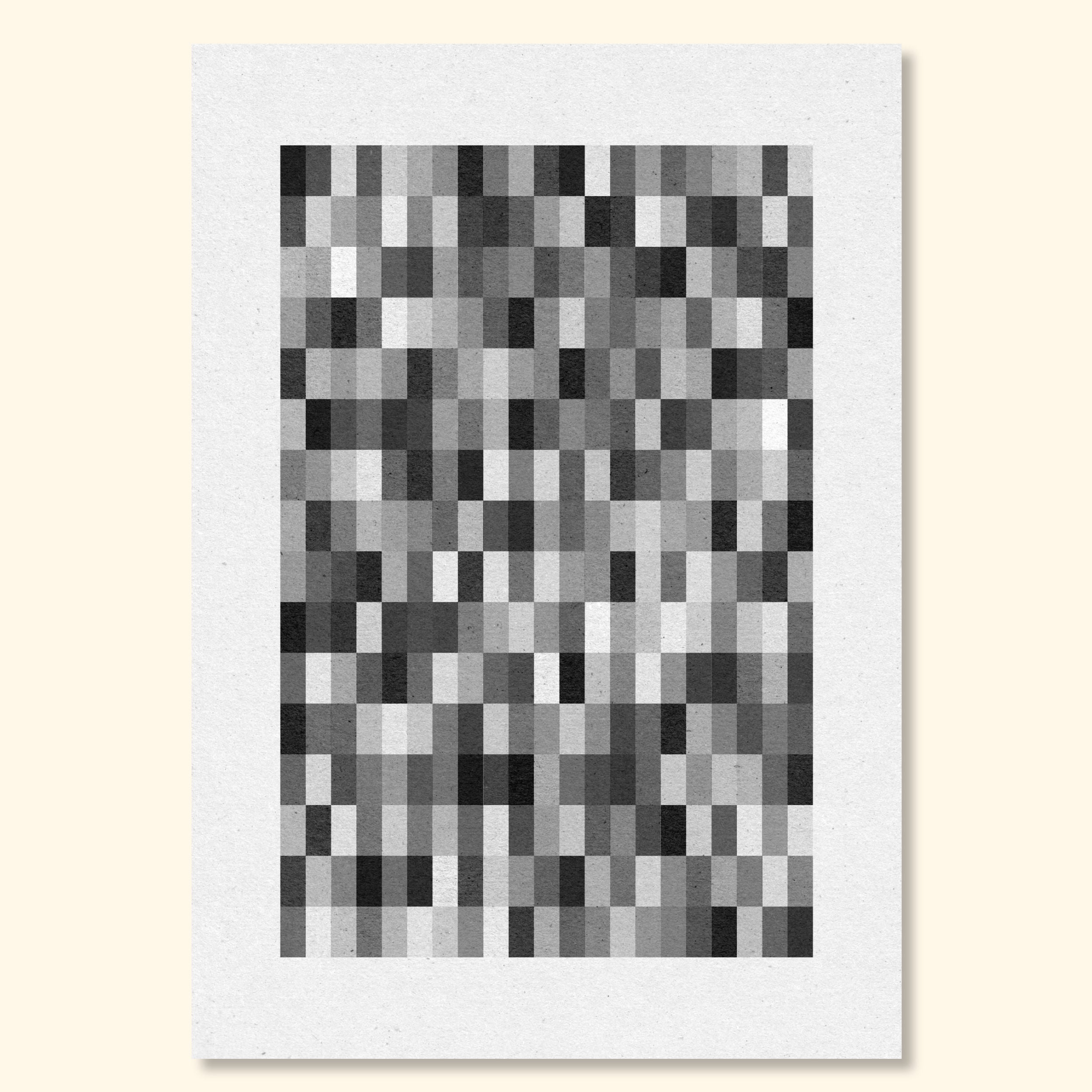 Minimalist monochrome abstract print with geometric black white and grey blocks on subtle printed paper texture.