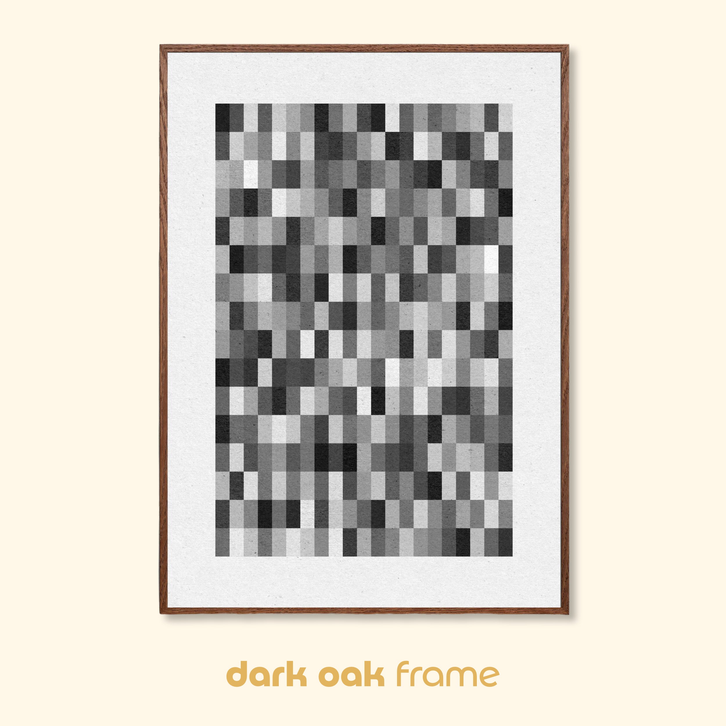 Minimalist black and white abstract print in dark oak frame with geometric tonal pattern.