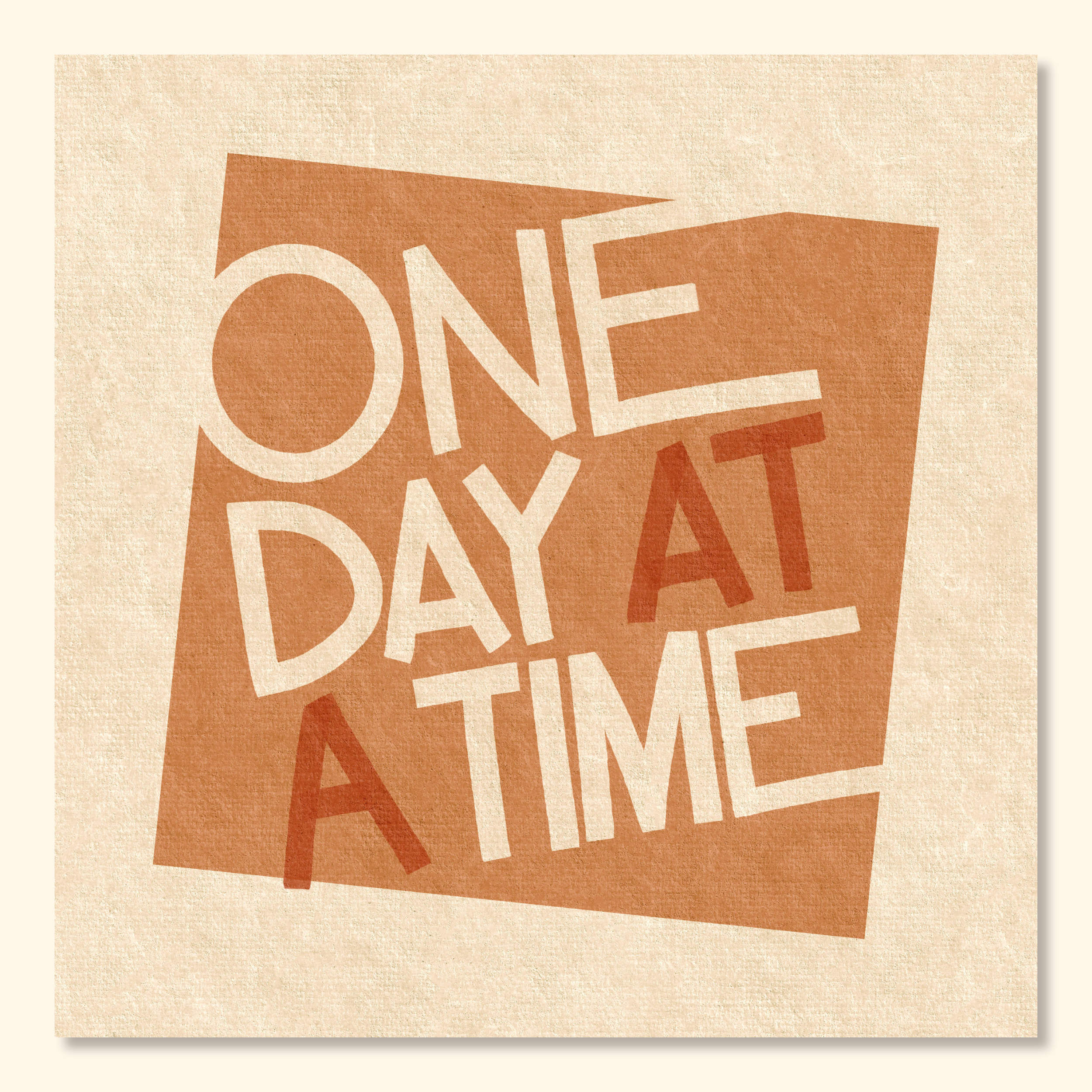 One Day at a Time mid-century typographic wall art featuring warm earthy tones, hand-drawn lettering, and a textured neutral background