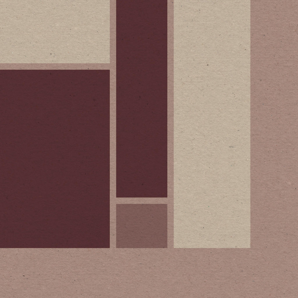 Detail of geometric print showing textured paper surface and burgundy geometric forms