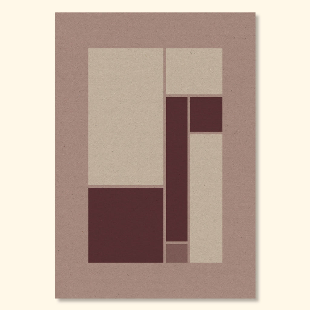 Minimal geometric print featuring cream and deep burgundy rectangular forms arranged on a soft plaster pink background