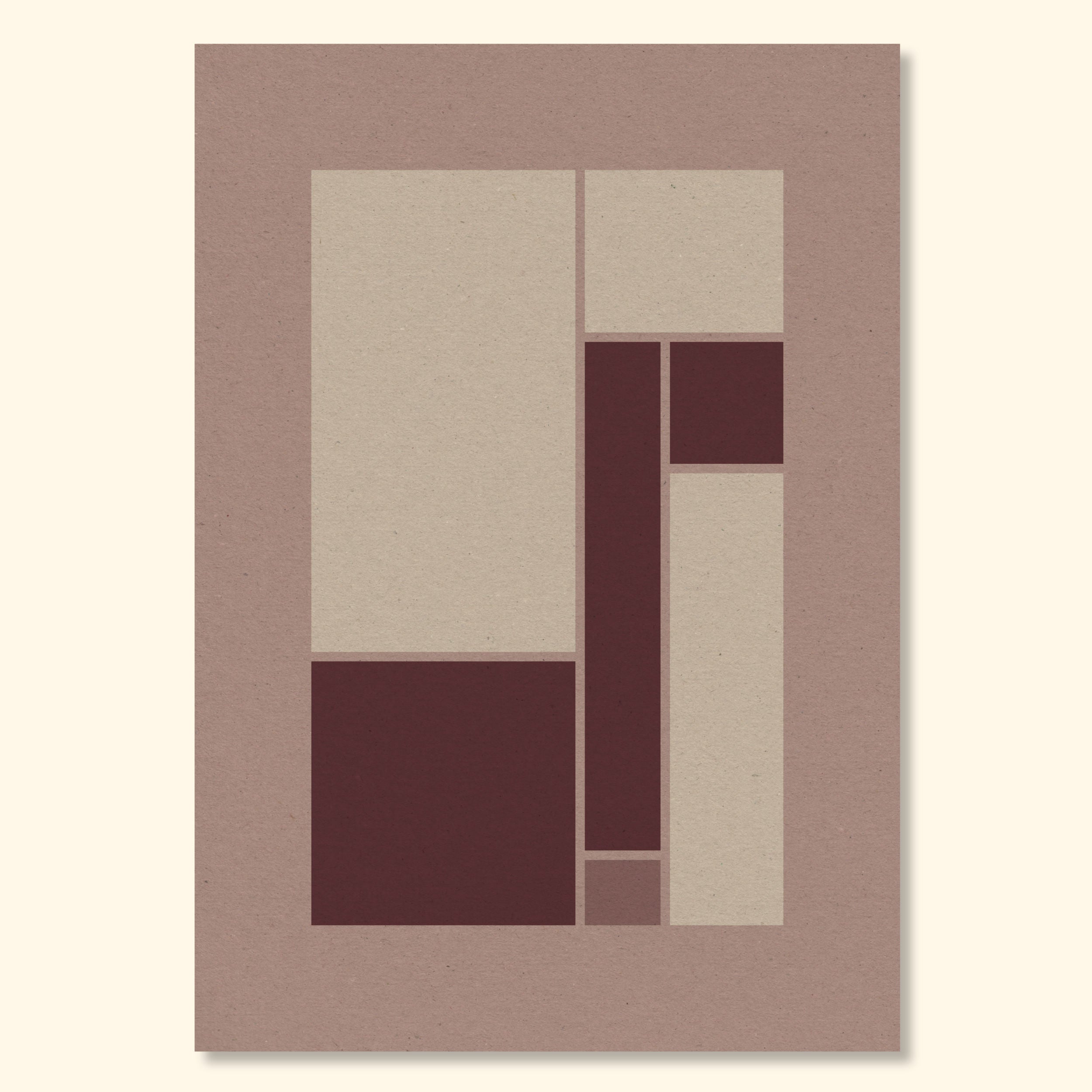 Minimal geometric print featuring cream and deep burgundy rectangular forms arranged on a soft plaster pink background